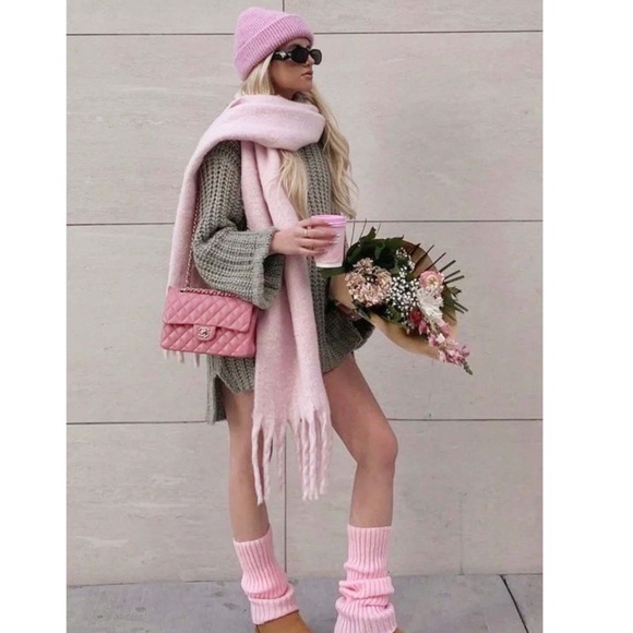 Rouge! Accessories - Baby Pink Wide Shawl Scarf With Tassels Fuzzy Knit